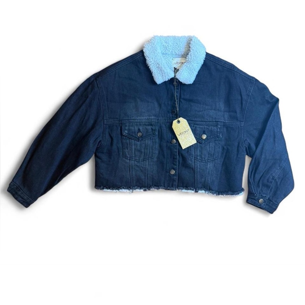 NWT Vibrant M.I.U. 100% Cotton Black Denim Sherpa Lined Cropped Jacket, Size L.